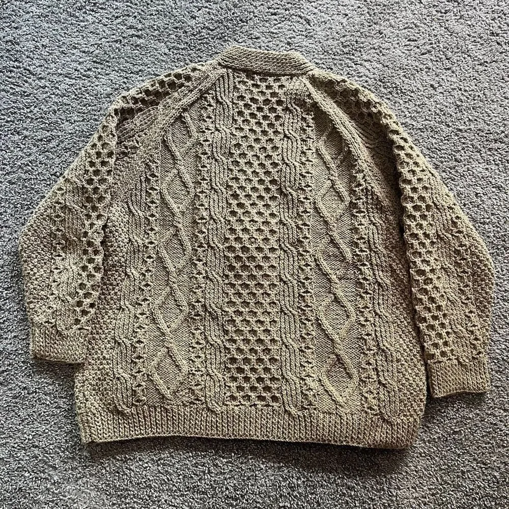 VTG Aran Islands Ireland Wool Cardigan Sweater Brown Fisherman Chunky Knit Sz L